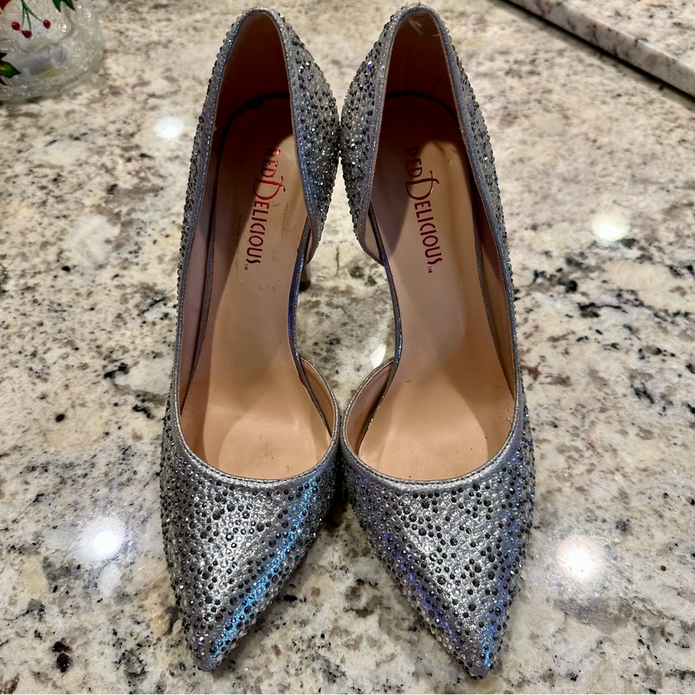 Red Delicious Silver Rhinestone Pointed Toe Heels - Picture 2 of 6